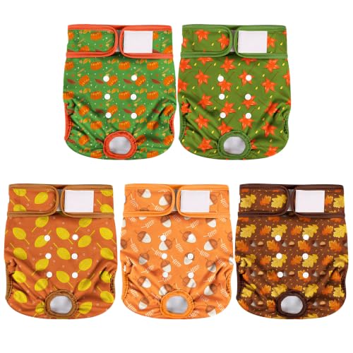 Image of wegreeco Female Dog Diapers, Washable Reusable Pet Puppy Doggie Diapers for Small Medium Large Female Dogs in Heat Period, Doggy Period Panties, 5 Pack, Medium, Autumn Colors Pattern