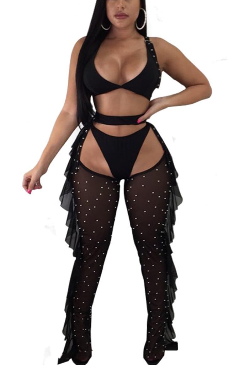 Yeshire Women's Sexy 2 Pieces Outfit See Through Crop Top and Pants Sets Mesh Cover Up Backless Jumpsuits Clubwear X-Large Black
