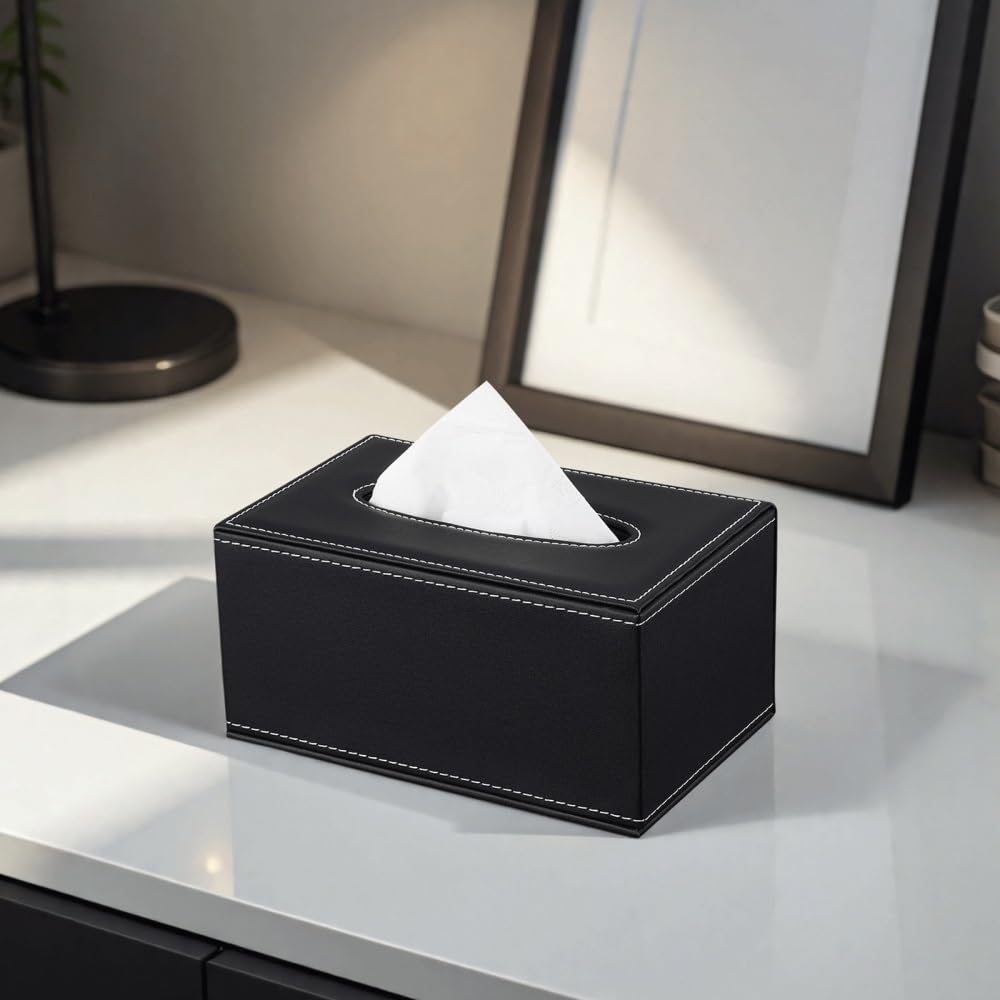 Classica scatola rettangolare for fazzoletti in ecopelle bianca cucita, dispenser for tovaglioli con apertura superiore for decorazioni for la tavola di ufficio e casa(Small)