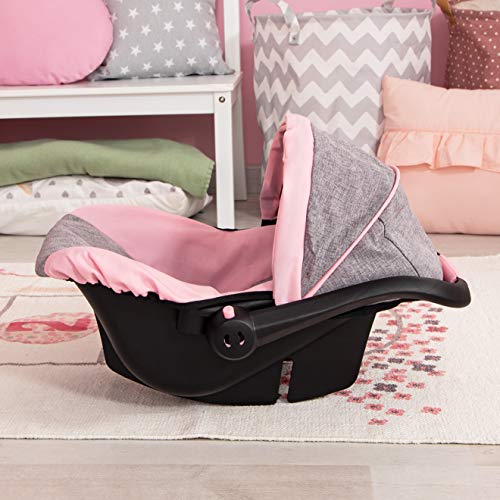 Bayer Design 67933AA Puppen-Autositz EasyGo, Puppenzubehör, passend zu Vario-Puppenwagen, mit Abdeckung, 46 cm, Jeans-grau, Rosa