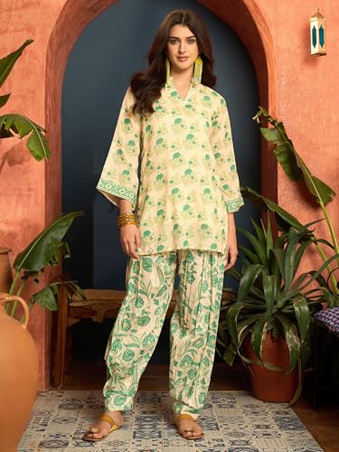 Image of EthnicJunction Women's Linen Floral Print Summer Wear Straight Short Kurti with Afghani Pant Set | Co Ord Set for Women Stylish | Fusion wear Women