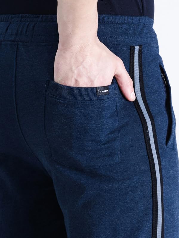 Image of CROCODILE Men Solid French Terry Joggers | Classic Fit | Mid Rise | Drawstring Closure | Ankle Length | Casual Wear Navy Melange