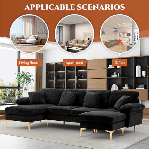 Image of OUYESSIR U-Shaped Sectional Sofa Couch, 4 Seat Sofa Set for Living Room, Convertible L-Shaped Velvet Couch Set with Chaise Lounge, Ottoman and Pillows,114 inches (Black)