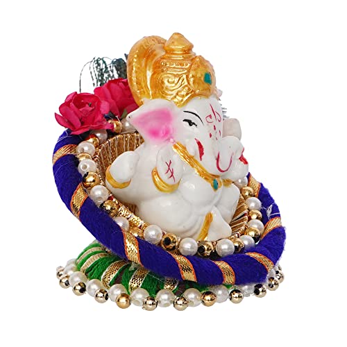 Image of eCraftIndia Resin Lord Ganesha Idol On Peacock Feather Decorative Plate-Ganesha Idol for Home Decor Car Dashboard-Ganesha Statue-Ganpati Murti Gift for Diwali Ganesh Chaturthi Housewarming Birthday.