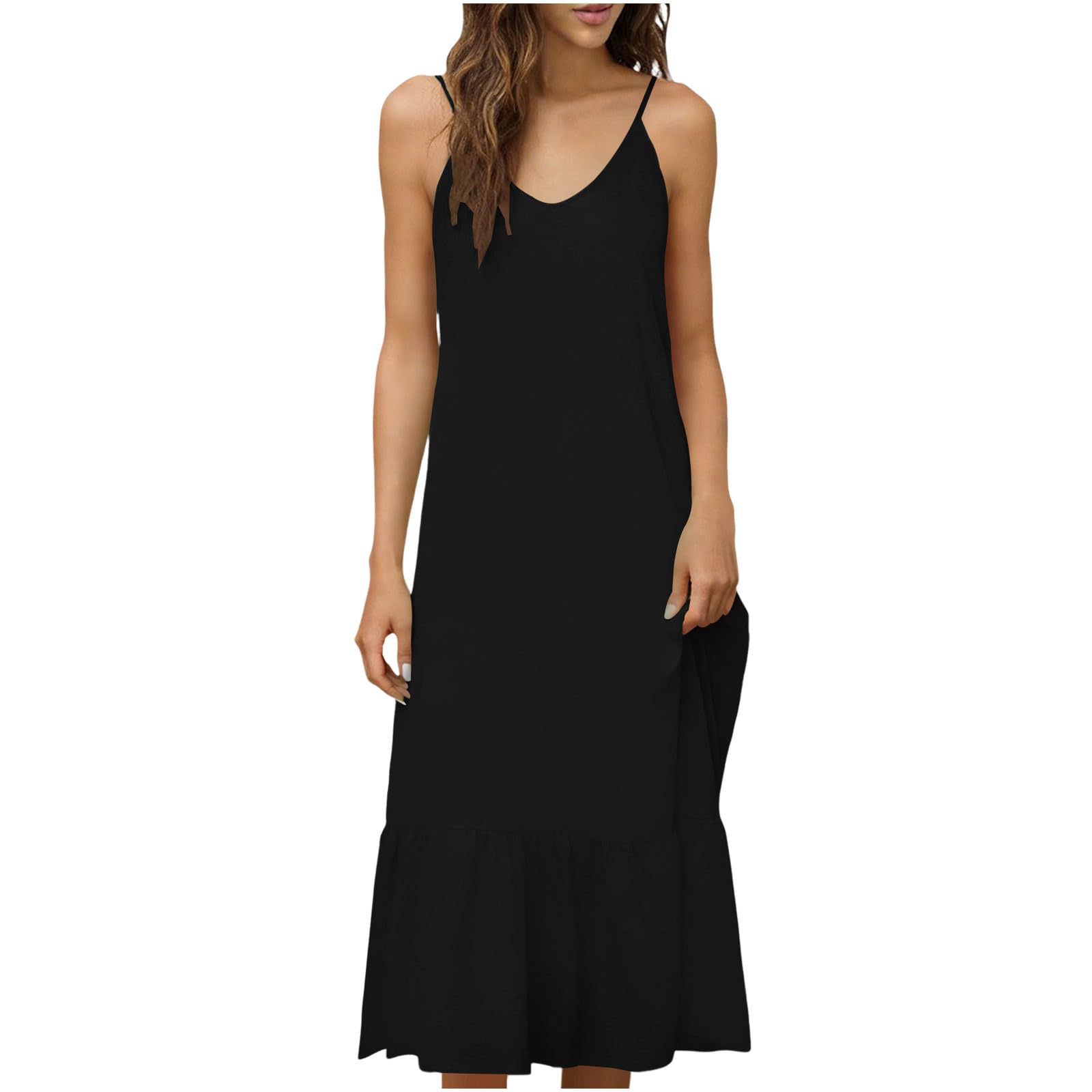 Aopir Women's Spaghetti Strap Backless Maxi Solid Color Dress Elegant Long Dress for Prom Evening Event