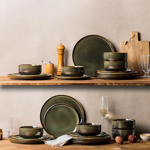 Image of TheTerra Ceramic Dinnerware Set for 4, 16-Piece Plates and Bowls Set | Handmade Reactive Glaze Dish Set, Scratch Resistant, Oven & Microwave & Dishwasher Safe, Olive Green