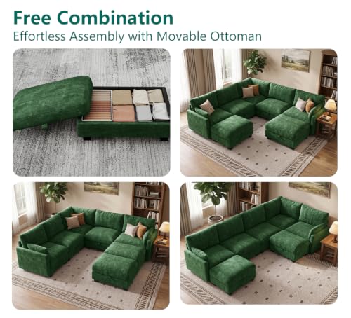 Image of Modular Sectional Sofa, Oversized V-Shaped Couch with Storage | High Resilience Foam, 22 inch Seat Depth, Movable Ottoman, Comfy Chenille, Easy Assembly, Green