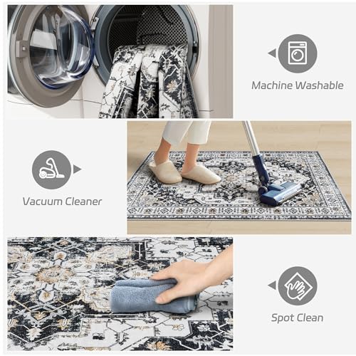 Madane Washable Area Rug 2x3, Small Entryway Rug Non-Slip Vintage Door Mat Indoor Entrance, Low Pile Floor Carpet for Inside Front Door Bedroom Kitchen Entry Laundry (2'x3', Black)