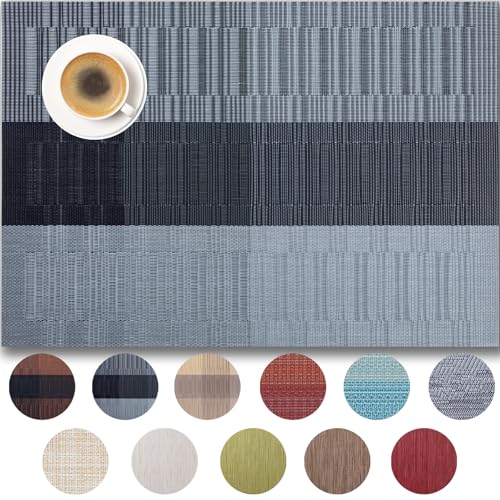 Placemats Set of 6 - Easy Clean Woven Vinyl Placemats for Dining Table, Indoor/Outdoor Place Mats, Washable PVC Table Mats （Silver Gray Black）