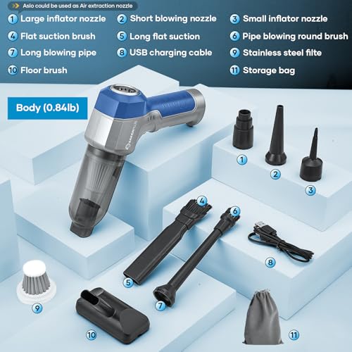 Image of SakerPlus Mini Vacuum Cleaner, 3 in 1 Car Vacuum Cleaner High Power, 15000PA Powerful Suction, Air Duster, 7500mAh, Adjustable Small Vaccum Portable Cordless for Cars,Desktop,Home- Light Blue