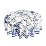 Blue Chinoiserie Temple Tablecloth Round Oriental Style Chinese Blue Willow Table Cloth Cover Mat Washable Polyester 60 inch Dining Decorative for Holiday Home Party Wedding Picnic
