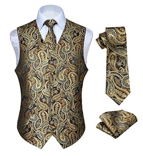 Hisdern - Ensemble pour homme en tissu jacquard avec gilet à motif cachemire, cravate à motif et mouchoir de poche - Pour mariage et fête - XS-6XL, doré, M