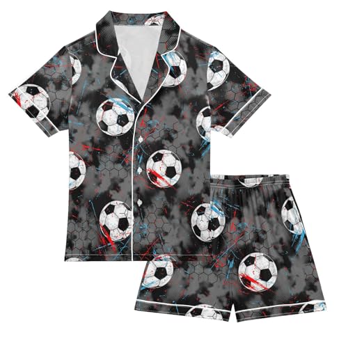 Satin Pajama Sets Short Sleeve Soccer Ball Sport Button Down Silky Nightwear 2 Piece PJS 5-14Y
