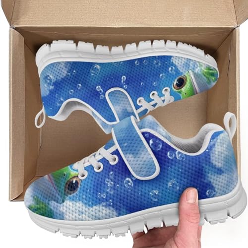 Little Kid Boys Girls Lightweight Breathable Sneakers Strap Athletic Tennis Shoes for Running Walking Frog Pattern（White Sole）2