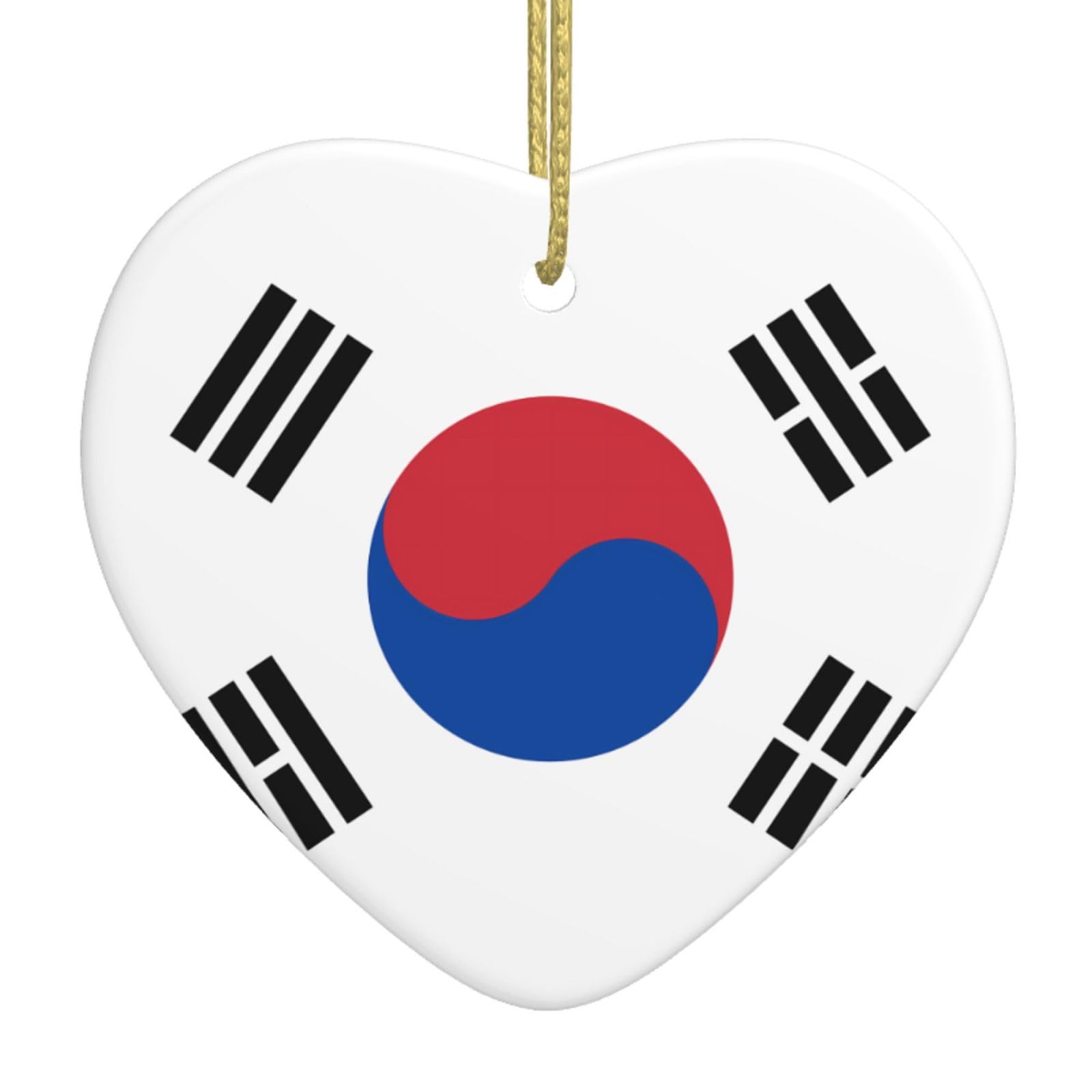 Flag of Republic of Korea Ceramic Christmas Heart Pendant with Silk Thread, Christmas Tree Home Decoration
