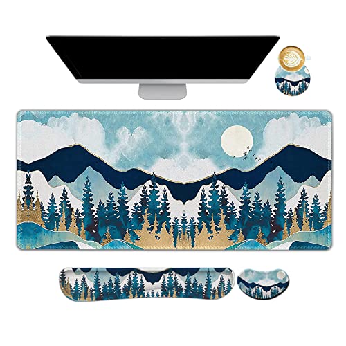 Image of ArtSo Large Gaming Mouse Pad Set, Keyboard Wrist Rest Support + Mouse Wrist Cushion + Extended Mousepad + Coaster, 35x15.5in Multifunctional Desk Mat, Abstract Mountain