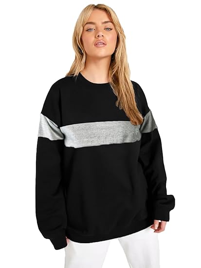 Women's Oversized Round Neck Colorblock Sweatshirt (Color Black Grey)