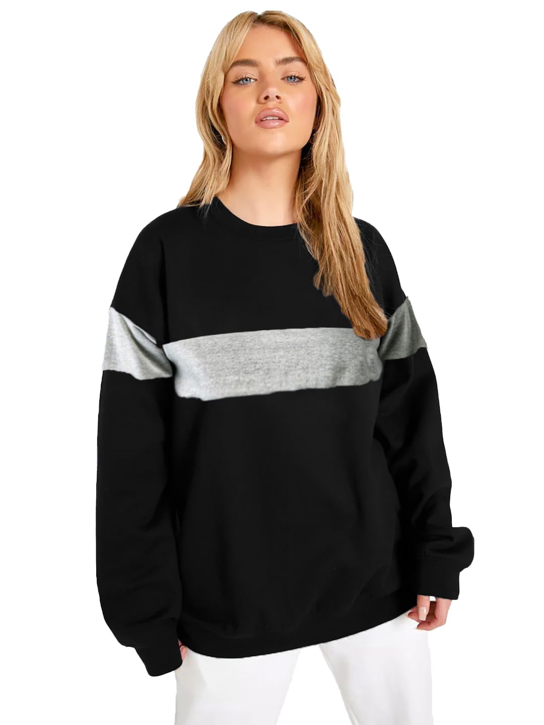 leotude Women Color Block Black Grey Loose Fit Sweatshirt Material Loopknit-picture-18