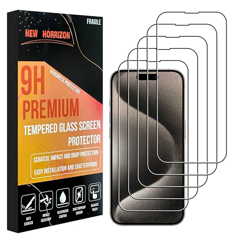 New Horrizon [5-Pack Screen Protector for iPhone 15 Pro Max & iPhone 15 Plus (6.7-Inch) [LifetimeSupport] Mobile Tempered Glass Screen Protector [Impact-Protection][Anti-Shatter][Anti-Scratch]