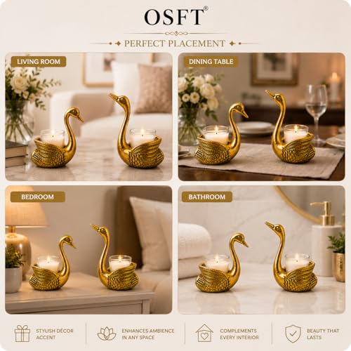 Image of Aluminium Swan Pair Showpiece with 2 Candles Included | Feng Shui Lucky Swan Couple Figurine & Candle Holder for Home Decor | Living Room Decor | Wedding, Anniversary, Valentine's & Couple Gift