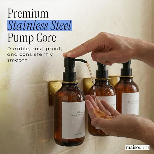 Image of Shampoo and Conditioner Dispenser Wall Mounted Set of 3 Amber Gold - No Drill Shower Soap Dispenser for Bathroom Refillable - Spa Hotel Style Accessories by MaisoNovo