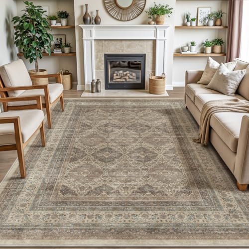 DEXI Area Rugs for Living Room, 8x12 Washable Low Pile Vintage Traditional Rug for Bedroom, Non Slip Large Indoor Carpet for Dining Office Nursery, Warm Taupe
