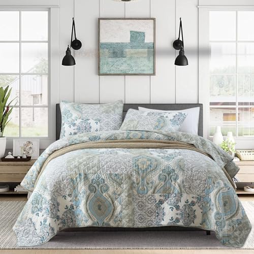 Secgo Queen Size Comforter Set- 100% Cotton Quilt Queen Size Set, Green, Sage bedspreads (90 * 96 Inch) with 2 Pillow Shams, Patchwork Reversible Lightweight Bedding