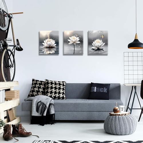 Image of Framed Zen Lotus Flower Wall Art,White Lotus and Butterfly Canvas Prints