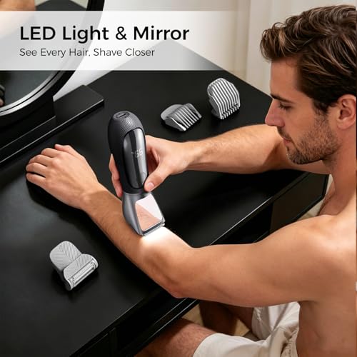 Image of Bikini Trimmer for Men, 2 in 1 Electric Razors Shaver, IPX7 Waterproof Body Hair Trimmer with Mirror, LED Light & Display, Painless Pubic Hair Removal, Silver