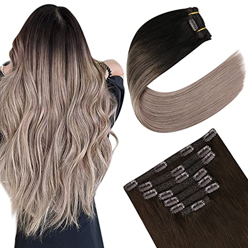 Hair Extensions Clip in Human Hair 16 Inch Clip in Hair Extensions Human Hair 100Gram Balayage Clip in Hair Extensions Dark Brown Fading to Ash Blonde Remy Clip in Hair Extensions