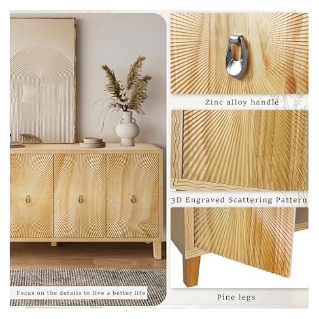 Vintage 4 Door Storage Cabinet, Carved Scatter Pattern Dining Sideboard, Large Buffet with Adjustable Shelves, Multifunctional Accent Cabinet,for use in Restaurants