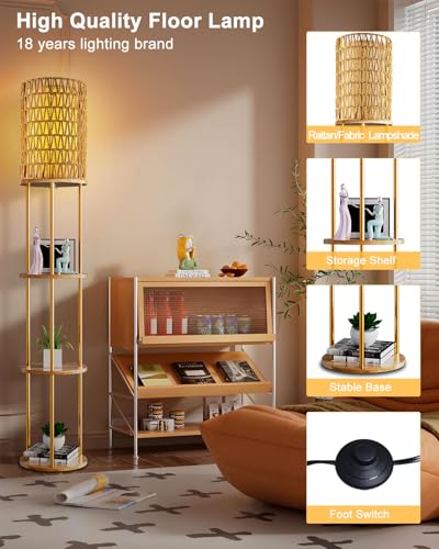 Image of Lightdot 61 inch Rattan Floor Lamp with Shelves, 3-Tier Storage Shelves with 3000K Bulb Included, Solid Wood Design, Corner Bookshelf Floor Lamps for Living Room /Sofa Beside /Corner Decor-Gold