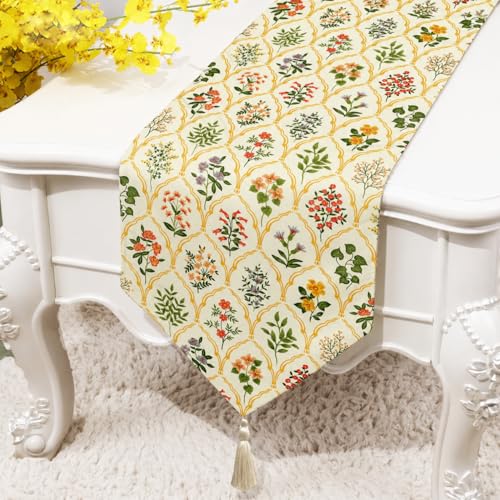 Image of COZY FURNISH Luxury Floral Table Runner for Dining Table - Soft Microfiber Cotton Bed Runner with Tassels | Decorative Runner for Kitchen, Bedroom & Centre Table