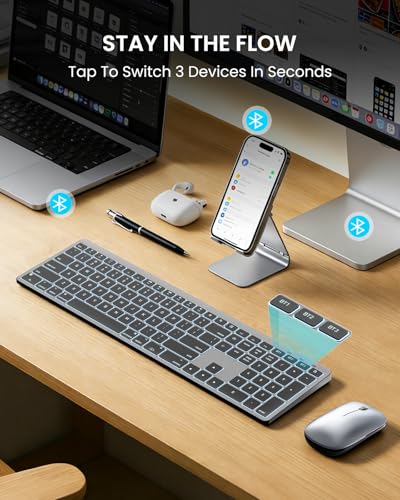Image of SABLUTE Bluetooth Keyboard and Mouse for Mac - 7-Color Backlit, Multi-Device, Rechargeable, KMA1pro Full-Size Wireless Keyboard Mouse Combo with Quiet Scissor-Switch Keys for Mac (Space Gray)