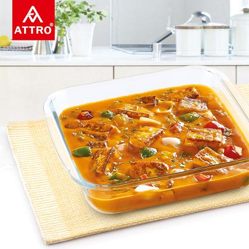 Image of ATTRO Glassox Borosilicate Square Glass Baking Dish Micorwave Oven Safe Freezer Safe Baking Tray Serving Dish Bakeware- 1800ml, Transparent
