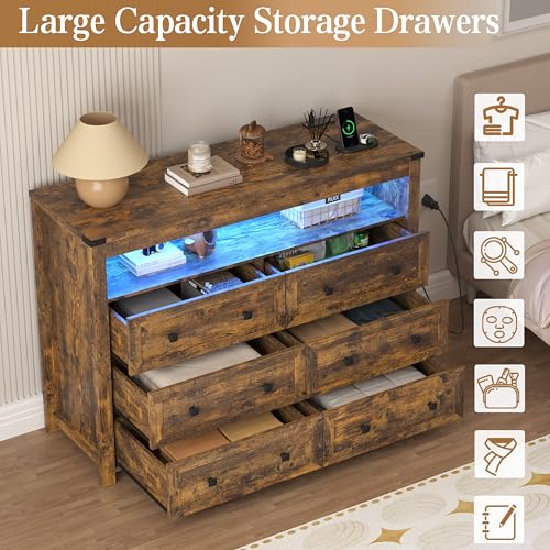 Image of Wodeer Brown Dresser 6 Drawer Dressers for Bedroom with LED Lights, Charging Station, Wood Chest of Drawers with Metal Handles, Modern TV Stand Storage Cabinet for Living Room, Hallway, Entryway