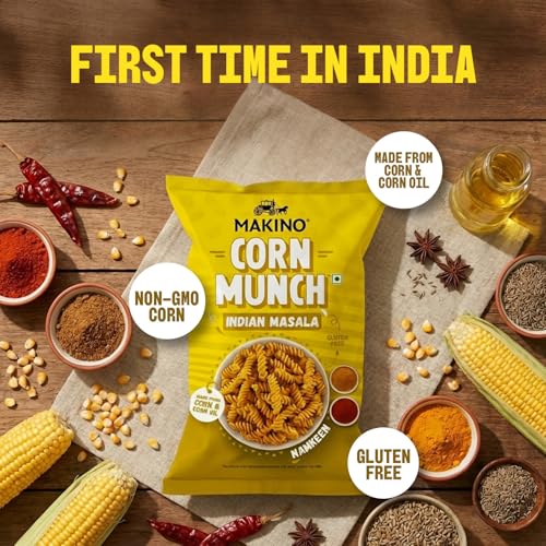 Image of Makino Corn Munch - First Time in India, Indian Masala, Tomato, Cream & Onion, Red Chilli Chataka| Non-GMO Corn, Zero Trans Fat, Zero Cholesterol | Gluten Free, No MSG, 150 Grams (Pack of 8)