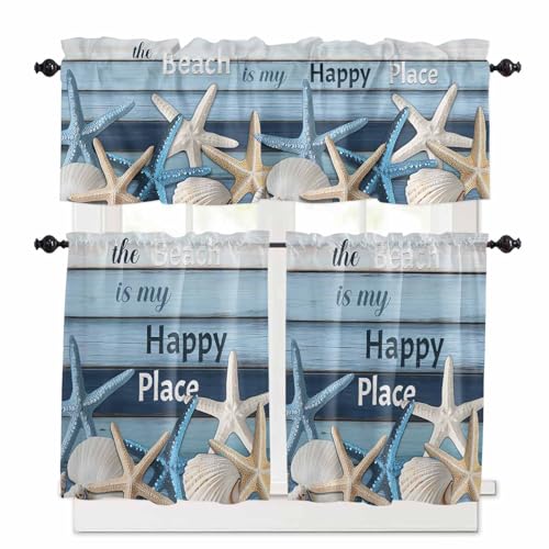 Coastal Beach Kitchen Curtains 36 Inch Length, 3 Piece Rod Pocket Small Half Tiers and Valance Set, Ocean Starfish Farmhouse Plank Small Large Window Treatment Decor for Bedroom/Bathroom Sink