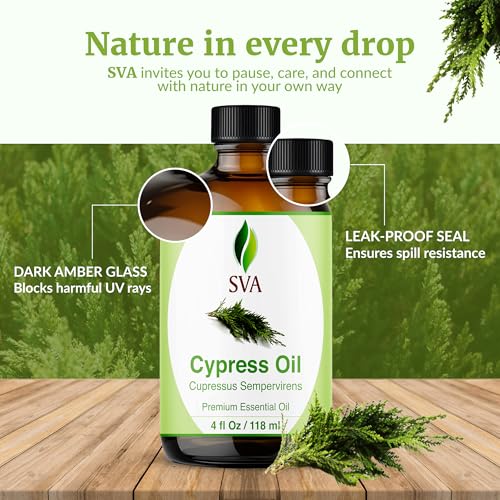 Image of SVA Cypress Essential Oil - 4 Fl Oz - 100% Natural Cypress Oil - for Diffuser, Hair Care, Face, Skin Care, Aromatherapy, Scalp and Body Massage, Soap and Candle Making - with Dropper