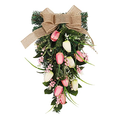 belupai 22in Pink Tulips Teardrop Swag, Decorative Floral Swag with Lily of The Valley Flower and Greenery Leaves, Spring Summer Tulips Swag for Indoor Outdoor Window Decor(Multicolor)