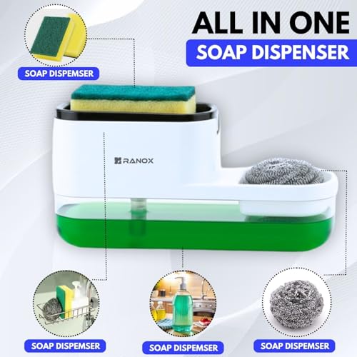 Image of Ranox Soap Dispenser for Kitchen Sink Accessories, Dish Wash Liquid Dispenser Pump 400ml with Sponge Holder, Bathroom Soap Dispensers, Kitchen Sink Organizer (White (Dual Dishwasher))