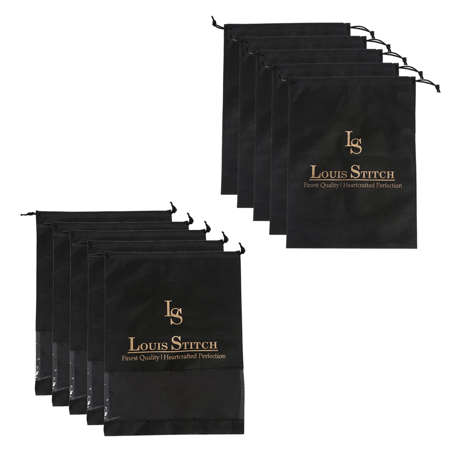 LOUIS STITCH Non-Woven Shoe Bag Travel Accessories Shoes Storage Cover Waterproof String Bag's Organizer Combo for Men Women Unisex (Pack of 10) (Black Plain & See-Thru)