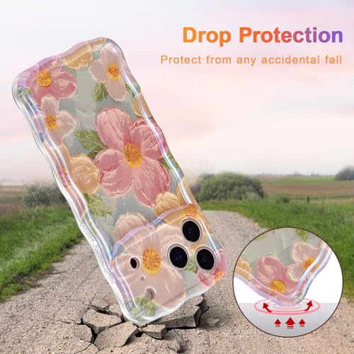 EYZUTAK Case for iPhone 17 Pro Max, Colorful Retro Oil Painting Printed Flower Laser Glossy Pattern Cute Curly Wave Edge Exquisite Phone Cover Stylish Durable TPU Protective Case for Girl Women-Green - Image 4