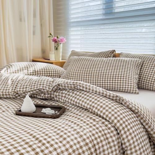 NSNLGSGC Comforter Set King Size Tan Gingham Bedding Comforter Sets Brown Grid Bed Comforter 3 Pieces (1 Comforter 2 Pillowcases)