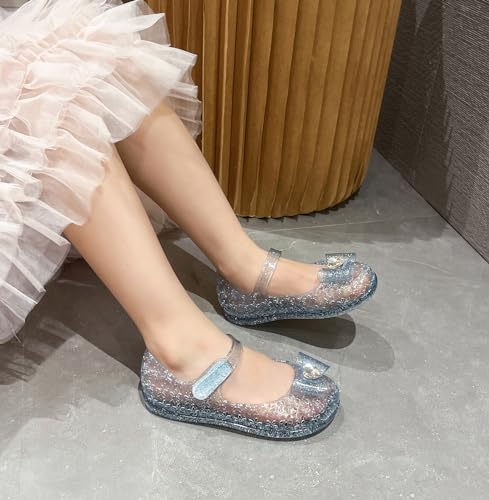Image of Princess Dress Sandals Jelly Shoes for Toddler Girls Size 8, Blue Bird Nest Layered Lines Mary Jane Flats Childrens Clear Glitter with Hollow-Carved