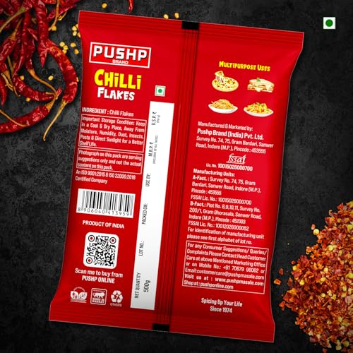 Image of Pushp Chilli Flakes | 500g Pouch | Premium Spicy Seasoning for Pizza, Pasta & Cooking Toppings (Pack of 1)