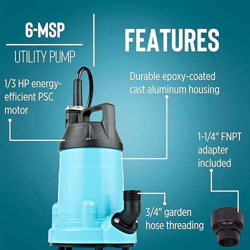 Image of Little Giant 6-MSP 115 Volt, 1 /3 HP, 2130 GPH Manual Aluminum Utility Pump with 10-Ft. Cord, Blue, 14942783