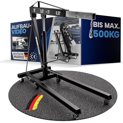 WERKTHOR Motorkran 500kg klappbar für Werkstatt Motorheber 500KG hydraulisch & platzsparend Werkstattkran schwarz mit 6 Rollen Profi Hebekran für Motoren & Getriebe