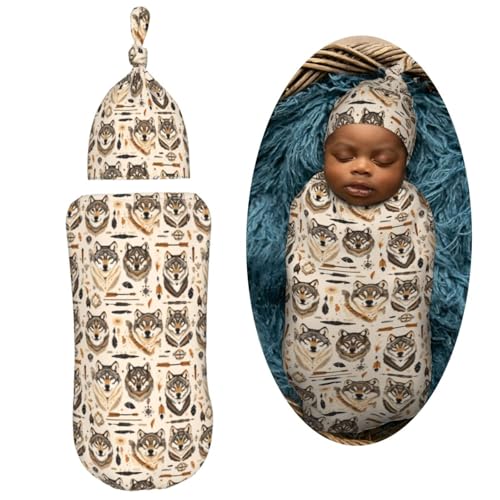 Image of Wolves Arranged Newborn Swaddle Blankets Hat Sets Soft Baby Receiving Blanket Swaddle Sack for Baby Shower Infant Boy Girl Gift