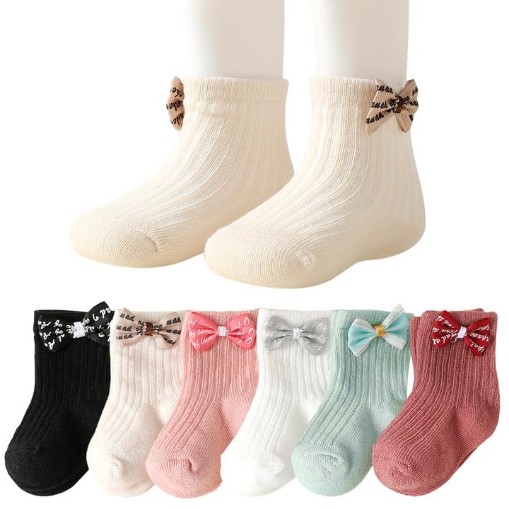 TOBETOPTOOLER 6 Pairs Baby Girl Socks,Bow Ankle Socks for Newborn Infant Preemie Soft Breathable Mixed Colors (US, Age, 0 Months, 3 Months, Multicolor)